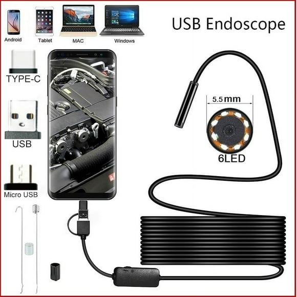 ODOMY 1/2/3.5/5M USB Endoscope 3 In 1 Borescope 6 LED 5.5mm Ultra Thin Waterproof Inspection Snake Camera Micro USB and Type C for OTG Android, PC, Notebooks Windows Mac