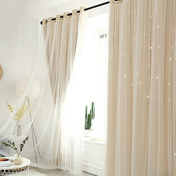 ODOMY 1*2M Full Blackout Curtain Double-decker Nordic Style Bedroom Living Room Curtain Hollow Star Net Princess Wind Curtain