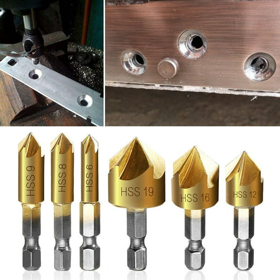 ODOMY 1/4'' Hex HSS Countersink Drill Bit Set Chamfer Cutter 6pcs Baban 5 Flute 90