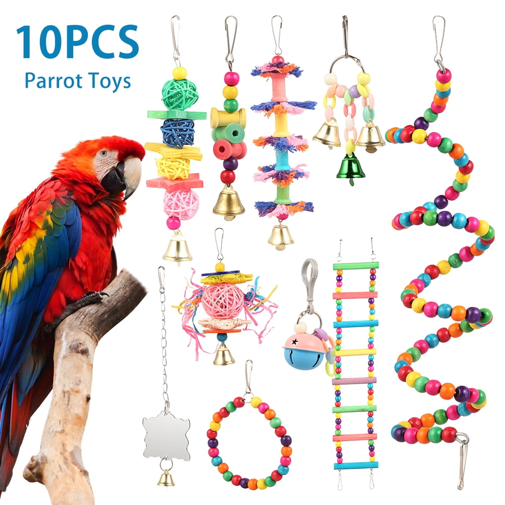 ODOMY 10 Pcs Parrot Toys Big Parrots Chewing Natural Wood with Bells