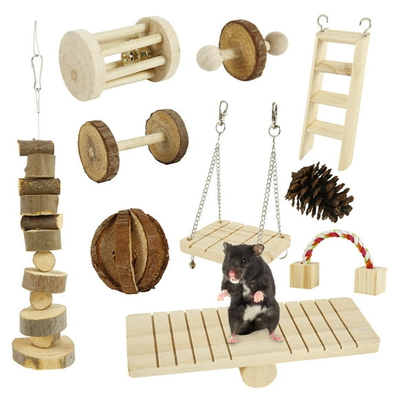 ODOMY 10 Pcs/set Hamster Toy Set Wooden Dumbbells Teeth Care Molar Toy Natural Wooden Exercise Bell Roller Toy