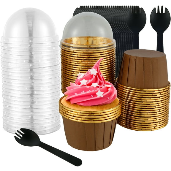 ODOMY 100 Pcs Aluminum Cups with Lids,3.5oz Disposable Ramekin Baking Cups Muffin Liners Mini Pie Pans Foil Cupcake Containers for Christmas Party Wedding Party