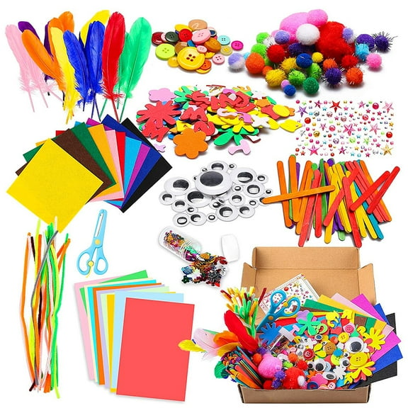 ODOMY 1000Pcs DIY Art Craft Kit for Kids Creative Pompoms Pipe Cleaners Feather Foam Flowers Letters Cryst