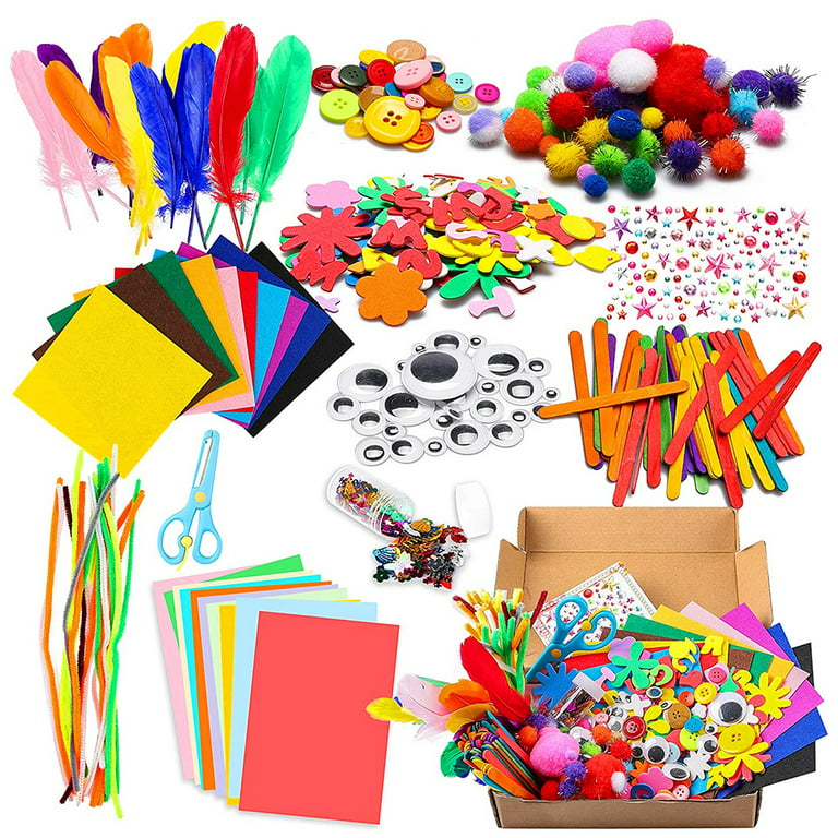 Odomy 1000pcs DIY Art Craft Kit for Kids Creative Pompoms Pipe Cleaners Feather Foam Flowers Letters Cryst, Size: 1000pcs (High Quality)
