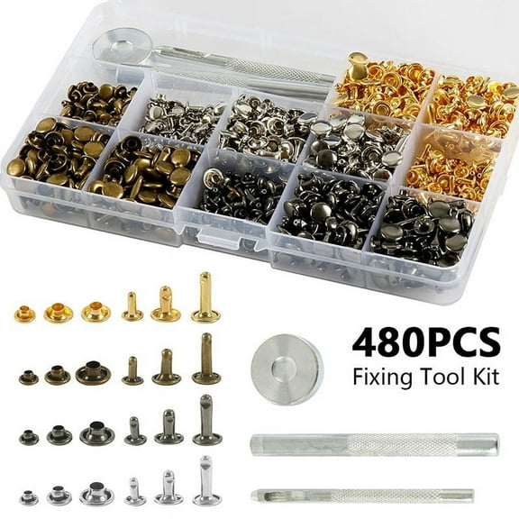 ODOMY 120/360/480 Pcs/set Metal Tubular Rivets Leather Rivets Double Cap Rivet Metal Studs Tubular Simple Cap with Fixing Tool Kit