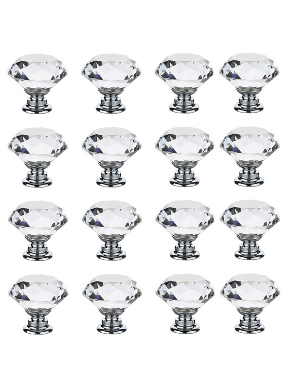 16Pcs Crystal Glass Cabinet Dresser Knob Diamond Drawer Door Knobs Pull Handles 30MM