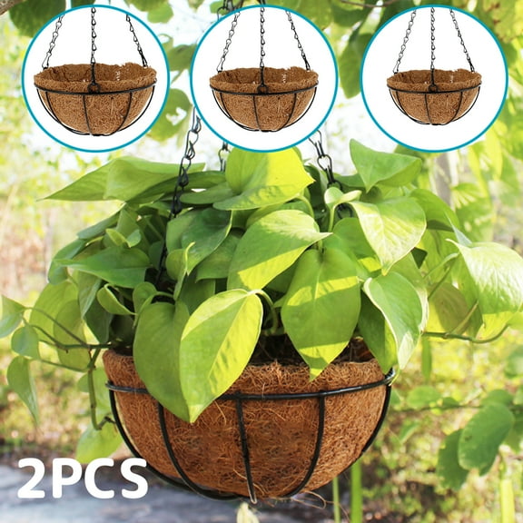 ODOMY 2PCS Hanging Basket with Coir Liner Flower Pot,Metal Hanging Planter Basket with Chains and Hook for Outdoor Patio House Garden