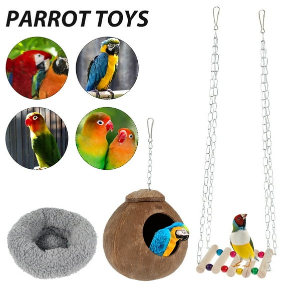 ODOMY 3 Pcs Parrot Toys,Natural Coconut Bird Cage With Nest Ladder, Swing Climbing Hammock ? Perched Chain For Birds, Parrots, Parakeets, Macaws, Lovebird Birds