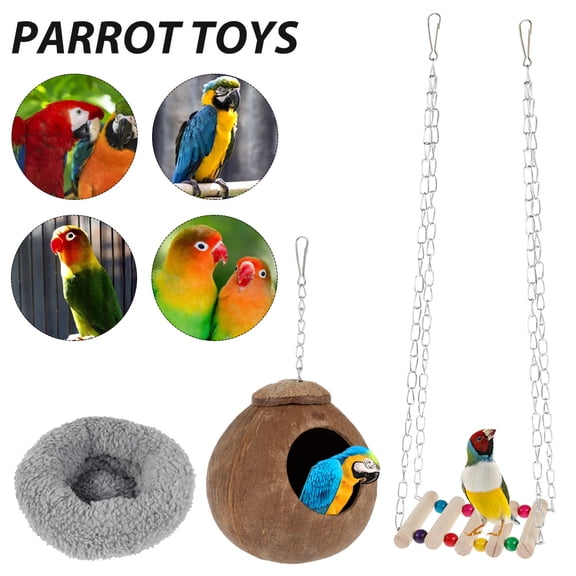 ODOMY 3 Pcs Parrot Toys,Natural Coconut Bird Cage With Nest Ladder, Swing Climbing Hammock ? Perched Chain For Birds, Parrots, Parakeets, Macaws, Lovebird Birds