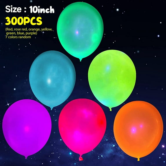 ODOMY 300Pcs 10inch Neon Balloons Glow in the Dark,Reusable Blacklight Glow Party Balloons 7 Colors Latex Neon Glow Balloons for Wedding Party Supplies and Decorations