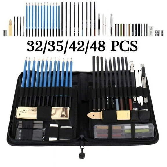 ODOMY 32/35/42/48Pcs Professional Sketching Art Graphite Pencil Kit Graphite Charcoal Artist Sketch Tool Kit Drawing Set