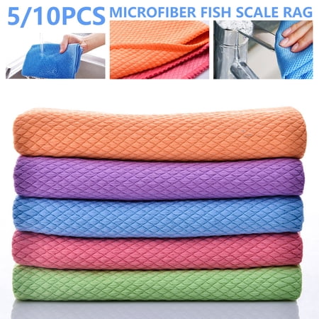 ODOMY 5/10 Pack Easy Cleaning Cloths 40 x 30cm Lint Free microfibre fish scale cleaning cloth Reusable Microfiber Cleaning Cloths for Glass, Mirrors, Car, Kitchen
