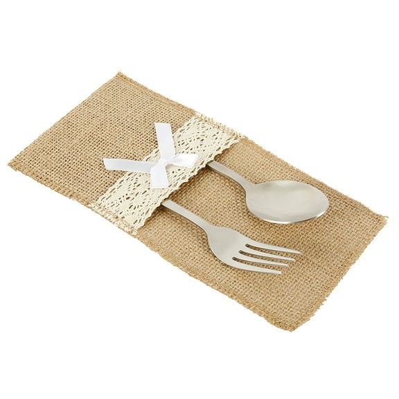 ODOMY 60pcs Lace Silverware Pouch Burlap Silverware Holder Wedding Table Decor Jute Lace Knife Fork Pouch Cover Bags