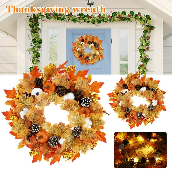 ODOMY Artificial Autumn Fall Wreath, 45 * 45cm Harvest Front Door Fall Decorations with Pumpkin Maple Leaves and Pine Cones for Thanksgiving Halloween Christmas Garland Decorations