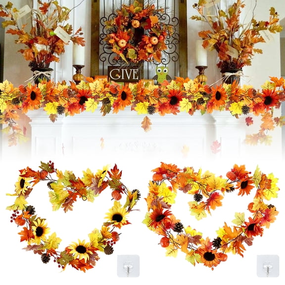 ODOMY Autumn Maple Leaf Garland with Sunflower Artificial Fall Leaves 6.23ft Foliage Garland Fall Decor for Home Wedding Party Thanksgiving Day and Christmas