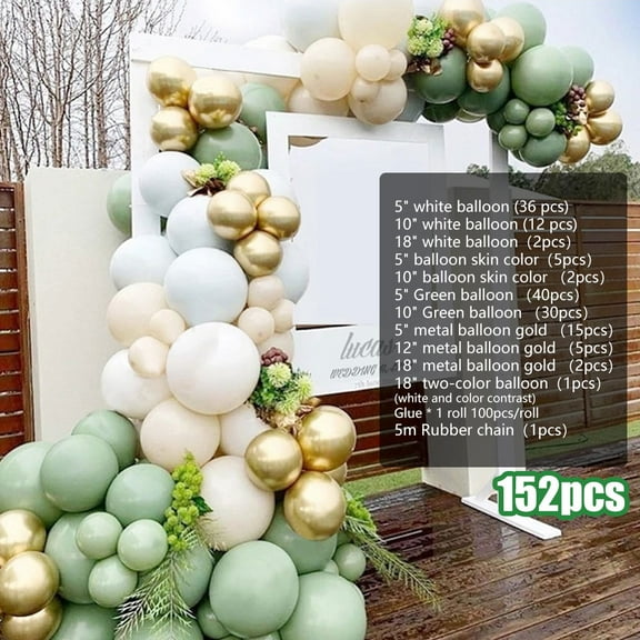 ODOMY Balloon Arch, Latex Garland Balloons Arch Kit, 152pcs White, Gold, Avocado Green Tropical Balloons with Glue and Balloon Chain for Birthday, Party, Christmas, Baby Shower Decorations