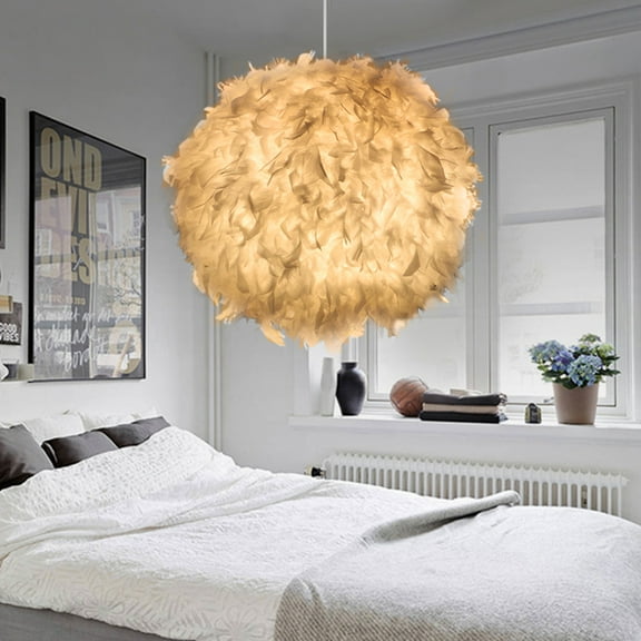 ODOMY Contemporary Metal Lamp with Round Shaped Feather Shade Feather Lamp-Room Decor