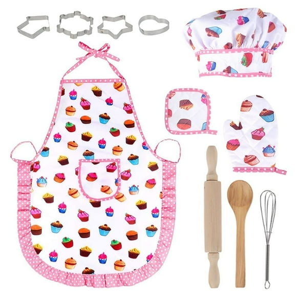 Rzvnmko Cooking and Baking Set,Kids Chef Set, Apron for Little Girls, Kids Age 3-10, Multicolor