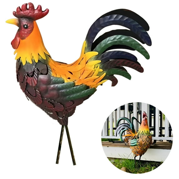 ODOMY Iron Rooster Sculpture Metal Lifelike Metal Rooster Figurine Rust-Proof Iron Chicken Carved Sculpture Standing Animal Lawn Ornament for Home Patio Backyard Decoration