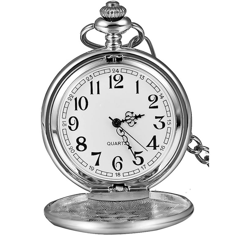 ODOMY Vintage Pocket Watch Quartz Pocket Watch with Chain Classic  Mechanical Movement Pocketwatch Smooth Silver Steel Men Watch Hand Winding  Pocket 
