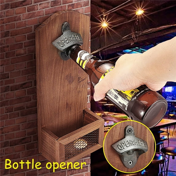 ODOMY Wall Mounted Bottle Opener with Cap Collector Catcher,Vintage Wooden Wall Mounted Bottle Opener,Ideal Gift for Men and Beer Lovers,Use as Bar Decoration