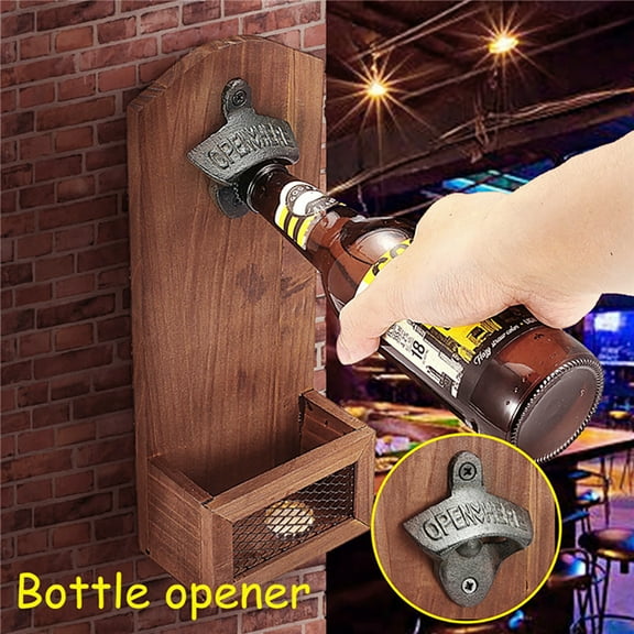 ODOMY Wall Mounted Bottle Opener with Cap Collector Catcher,Vintage Wooden Wall Mounted Bottle Opener,Ideal Gift for Men and Beer Lovers,Use as Bar Decoration