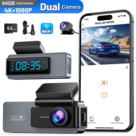 ODREY Dash Cam Front and Rear, 4K+1080P WDR Dash Camera for Cars, 4K Single Front Built-in WiFi Car Camera with G-Sensor, Super Night Vision, 64GB Card, Loop Recording, Parking Mode