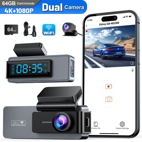 ODREY Dash Cam Front and Rear, 4K+1080P WDR Dash Camera for Cars, 4K Single Front Built-in WiFi Car Camera with G-Sensor, Super Night Vision, 64GB Card, Loop Recording, Parking Mode