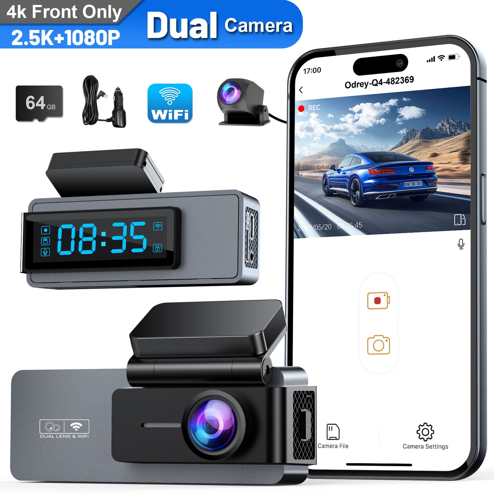 Walmart Deals of Walmart Black Friday Deals 2025 - ODREY Dash Cam Front and Rear, 2.5K+1080P, 4K Single, WiFi, G-Sensor, Night Vision, Parking Mode