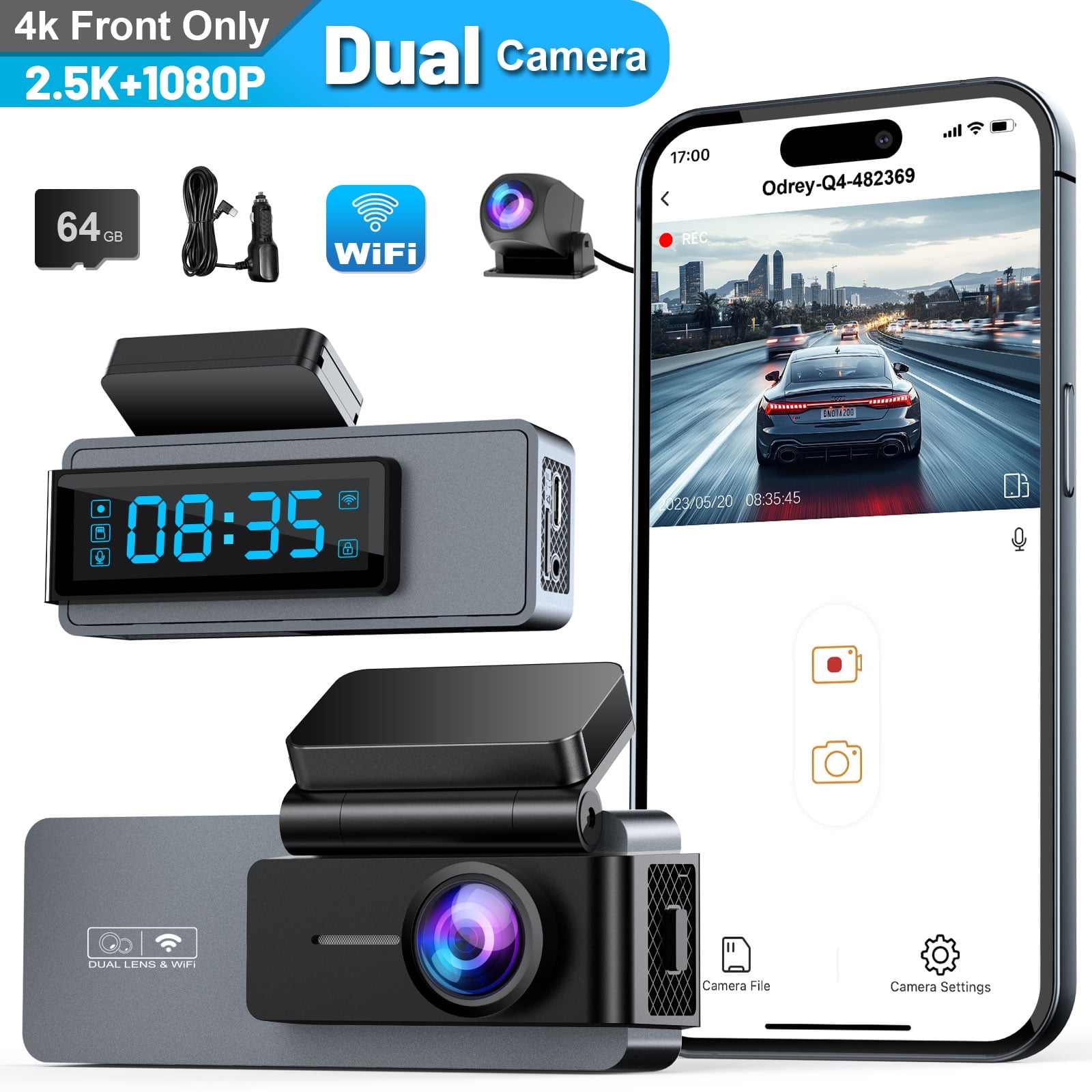 ODREY Dash Cam Front and Rear, 2.5K+1080P WDR Dash Camera for Cars, 4K Single Front Built-in WiFi Car Camera with G-Sensor, Super Night Vision, 64GB Card, Loop Recording, Parking Mode