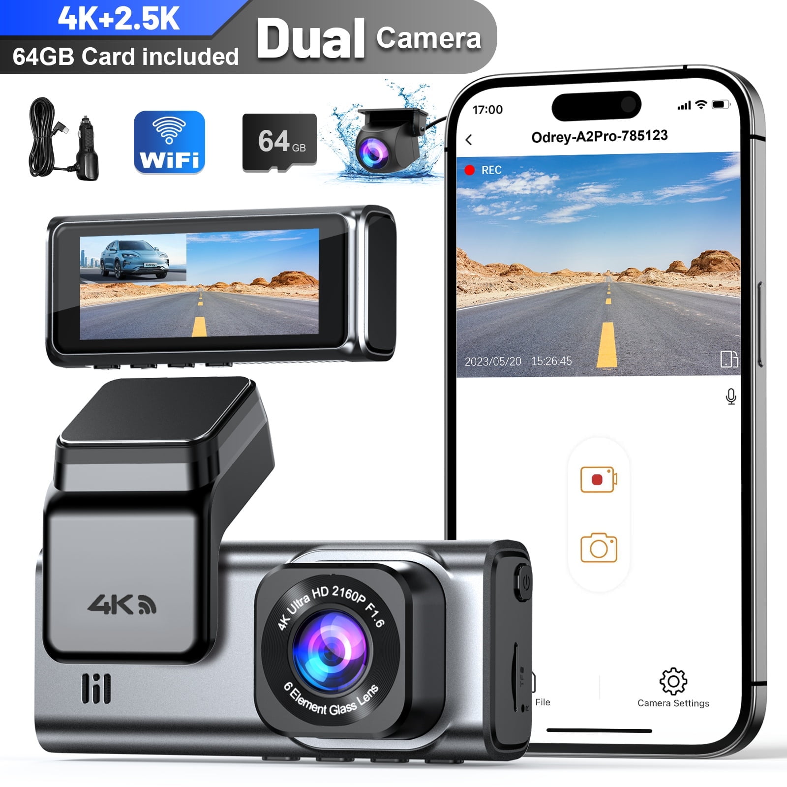 Walmart promo code:  ODREY Dash Cam Front and Rear, 4K+2.5K 5G WiFi & WDR Dash Camera for Car with 64GB Card dashcam, G-Sensor, Super Night Vision, Loop Recording, Parking Mode