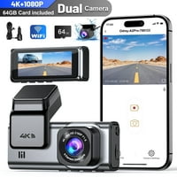 Odrey 4K+1080P WiFi & WDR Dash Camera for Car with 64GB Card, G-Sensor, Super Night Vision, Loop Recording, Parking Mode
