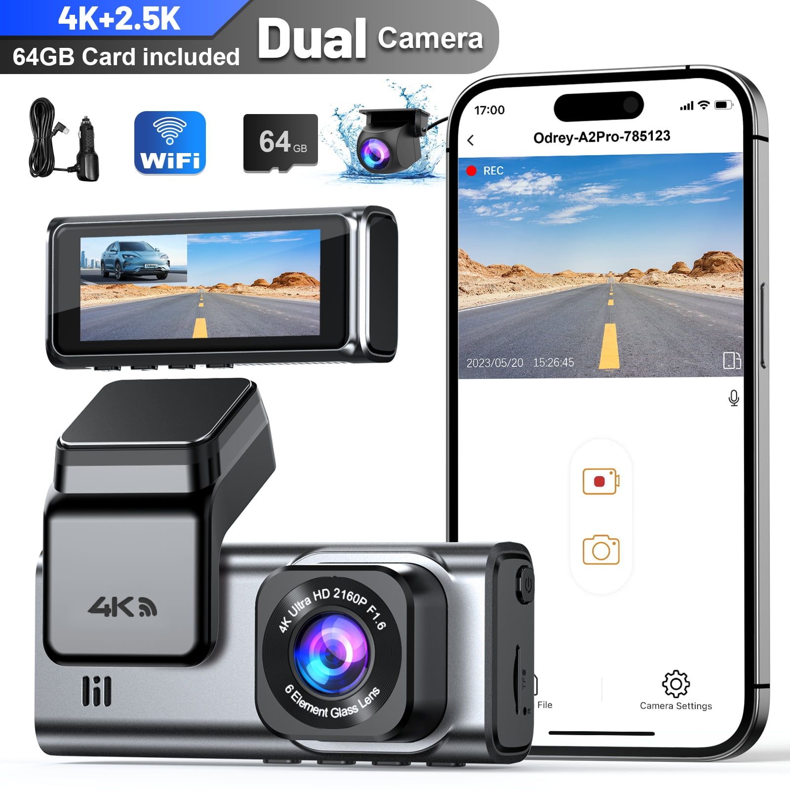 ODREY Dash Cam Front and Rear, 4K+1080P WiFi &