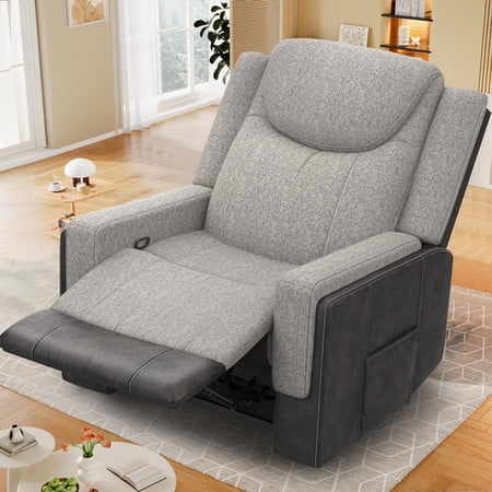 ODUMDUM Oversize Manual Recliner Chair for Adults, Extra Wide Single Reclining Sofa Chair with Ergonomic, Grey Linen-Blend & Chocolate Leather Scandinavian Chic for Living Room, RV