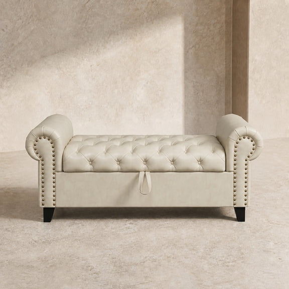 ODUSE-DAILY 51-Inch Ivory White Faux Leather Lift-Top Storage Bench with Rolled Arms