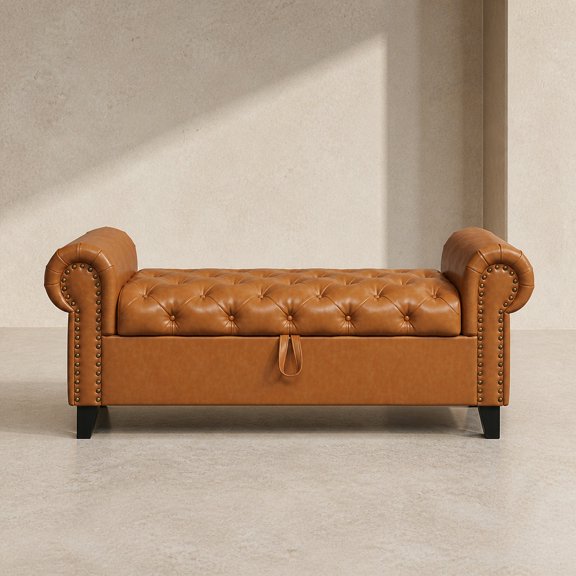 ODUSE-DAILY 51-Inch Yellow Brown Faux Leather Lift-Top Storage Bench with Rolled Arms