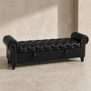 ODUSE-DAILY 67-Inch Black Faux Leather Lift-Top Storage Bench with Rolled Arms