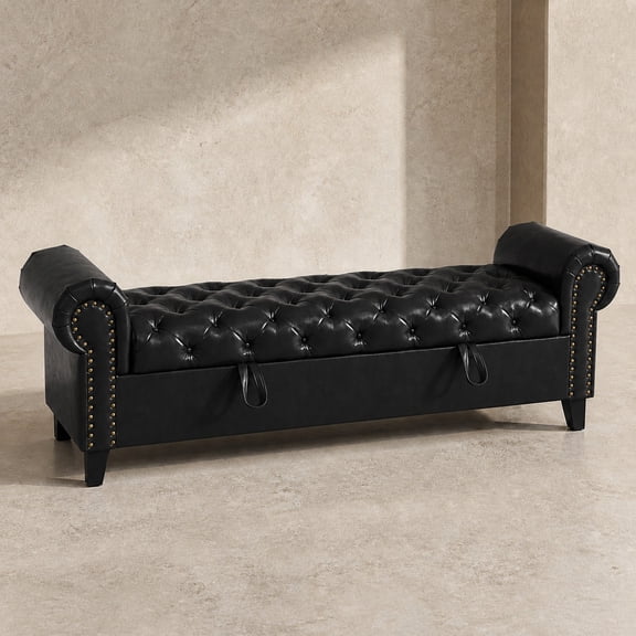 ODUSE-DAILY 67-Inch Black Faux Leather Lift-Top Storage Bench with Rolled Arms