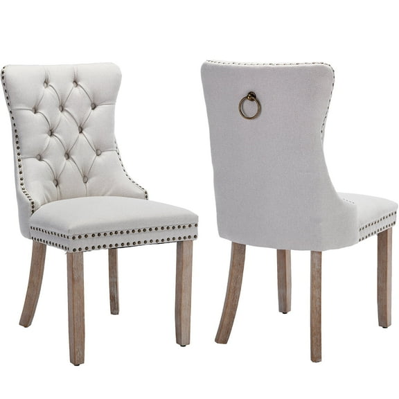 ODUSE-DAILY Beige Linen Dining Chairs Set of 2, Kitchen & Dining Room Chairs, Nailheads Tufted Chair, Sillas De Comedor, Fabric Upholstered, Wood Legs (Beige, 2 Pcs)