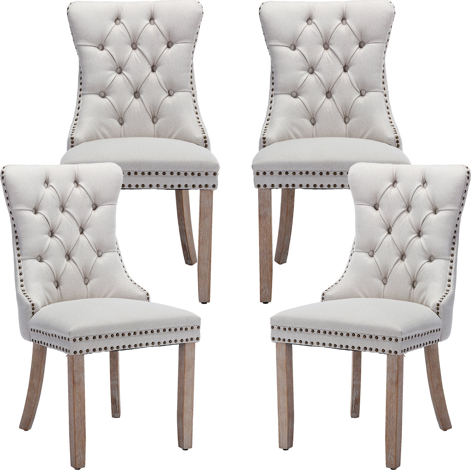 ODUSE-DAILY Set of 4 Beige Linen Dining Chairs, Kitchen & Dining Room, Upholstered with Wood ...