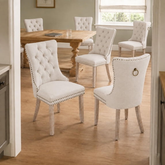 ODUSE-DAILY Beige Linen Dining Chairs Set of 6, Kitchen & Dining Room Chairs, Nailheads Tufted Chair, Sillas De Comedor, Fabric Upholstered, Wood Legs (Beige, 6 Pcs)