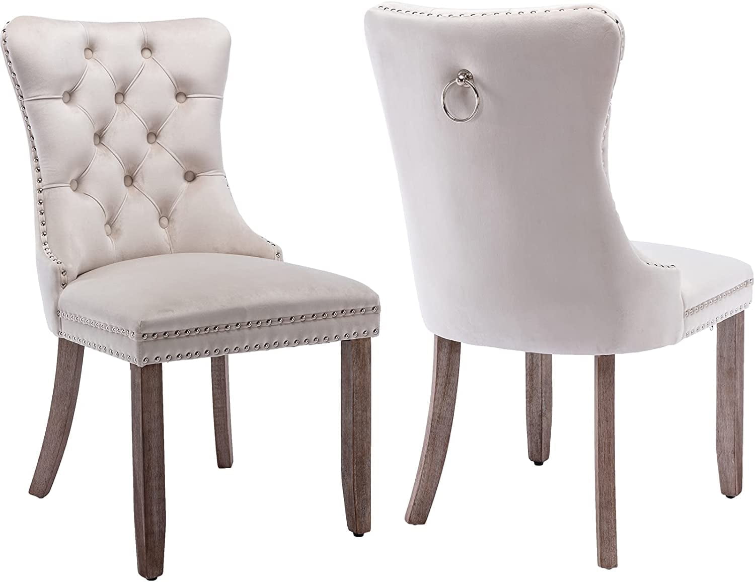Beige Velvet Upholstered High Back Side Chairs with Wood Legs