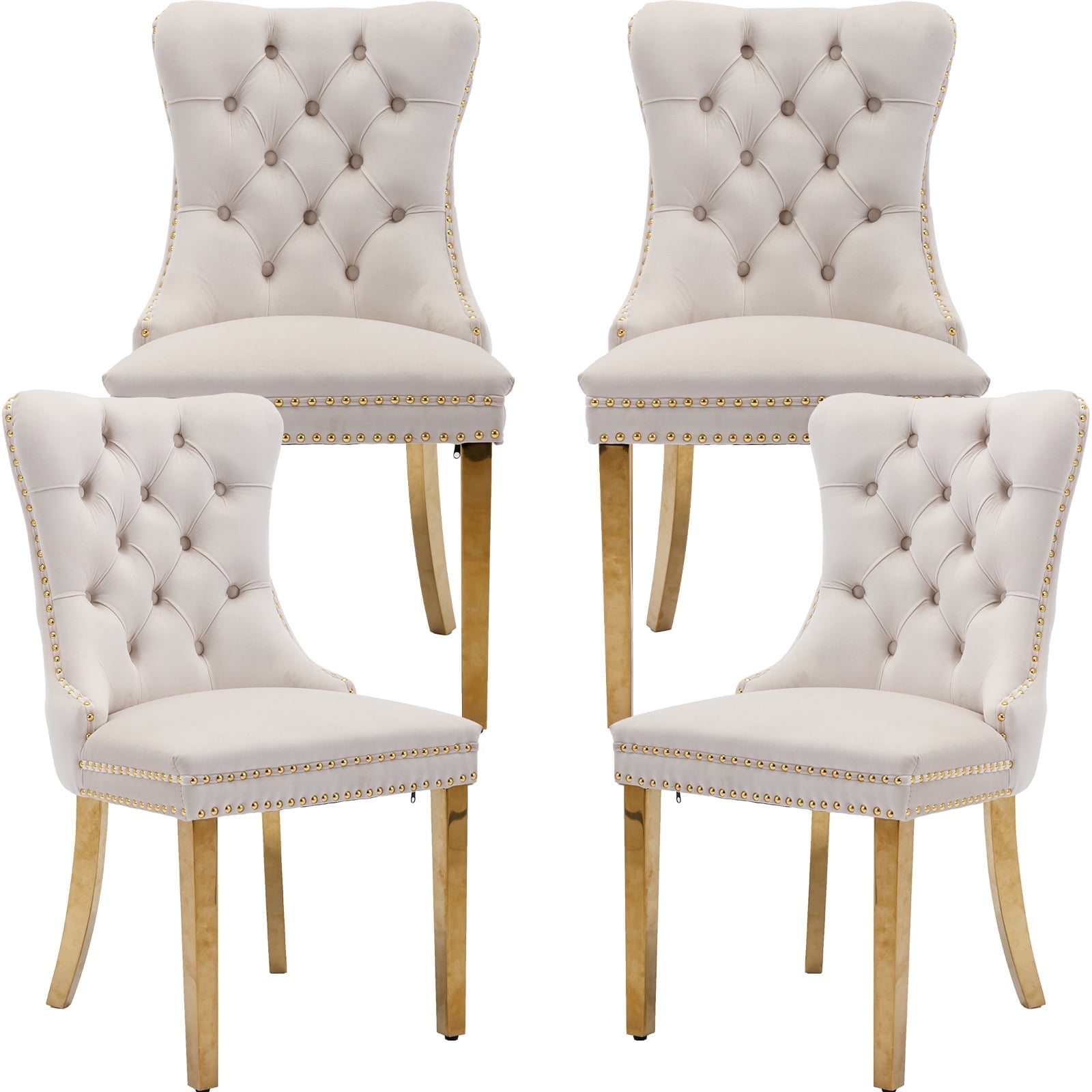 ODUSE-DAILY Beige Velvet Dining Chairs Set of 4, Kitchen & Dining Room Chairs, Nailheads Tufted, Sillas De Comedor, Fabric Upholstered, Golden Metal Legs (Beige, 4 Pcs)