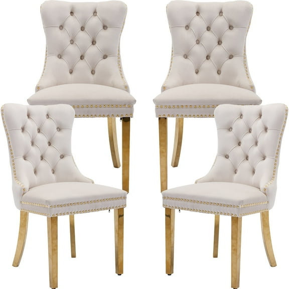 ODUSE-DAILY Beige Velvet Dining Chairs Set of 4, Kitchen & Dining Room Chairs, Nailheads Tufted, Sillas De Comedor, Fabric Upholstered, Golden Metal Legs (Beige, 4 Pcs)
