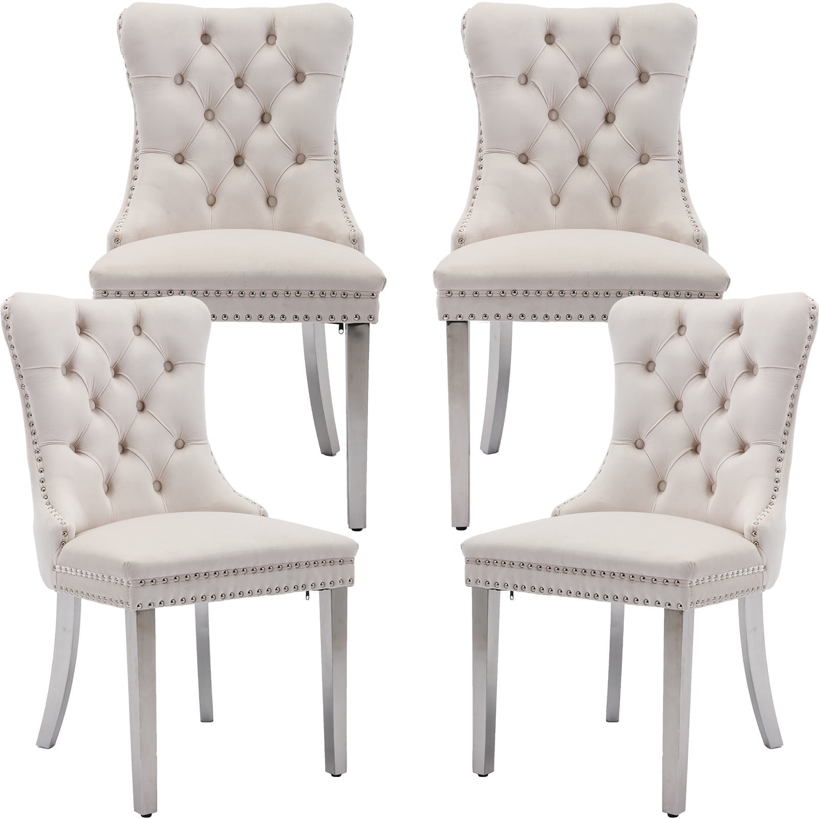 ODUSE-DAILY Beige Velvet Dining Chairs Set of 4, Kitchen & Dining Room Chairs, Tufted Dining Chairs, Fabric Upholstered, Chrome Silver Metal Legs (Beige, 4 Pcs)