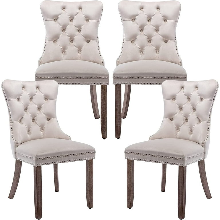 Velvet Dining Chairs Set of 4 Tufted Dining Room Chairs with Nailhead Ring Pull Trim Beige Rosdorf Park