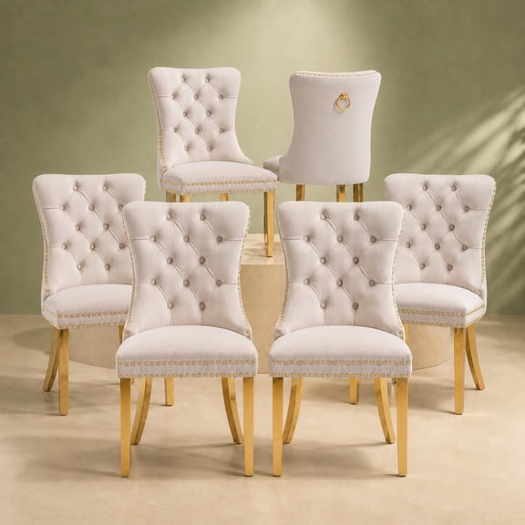 ODUSE-DAILY Beige Velvet Dining Chairs Set of 6, Kitchen & Dining Room Chairs, Nailheads Tufted, Sillas De Comedor, Fabric Upholstered, Golden Metal Legs (Beige, 6 Pcs)