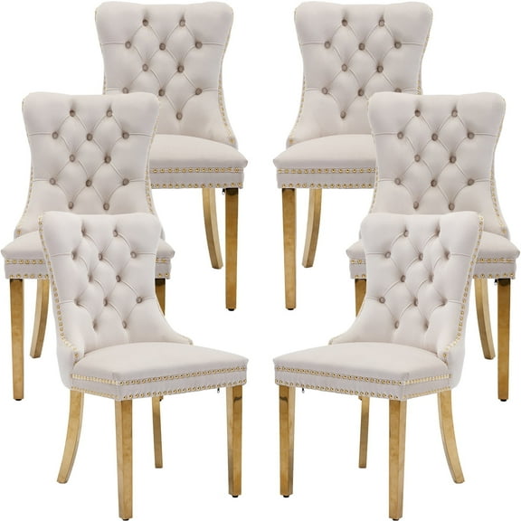 ODUSE-DAILY Beige Velvet Dining Chairs Set of 6, Kitchen & Dining Room Chairs, Nailheads Tufted, Sillas De Comedor, Fabric Upholstered, Golden Metal Legs (Beige, 6 Pcs)