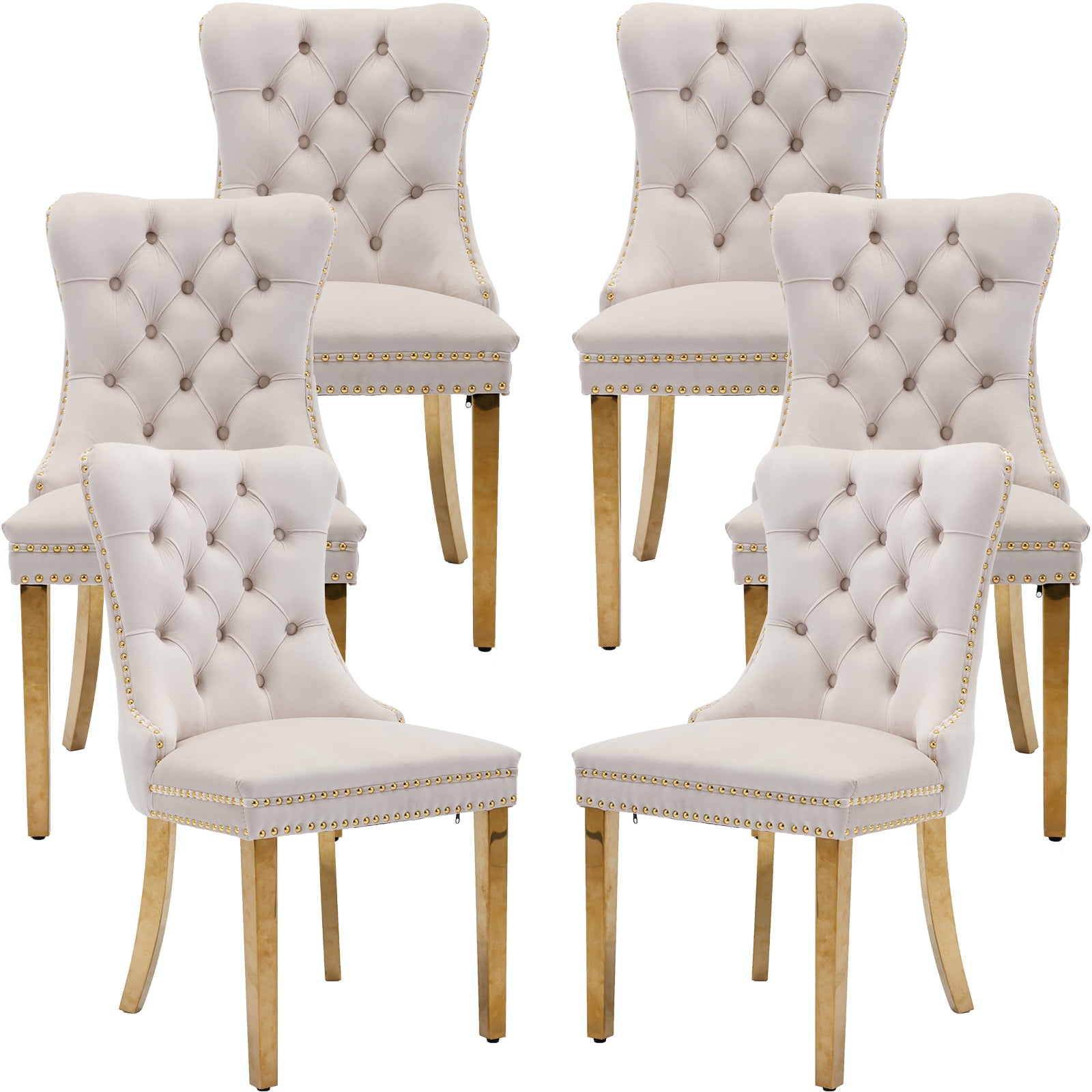 Oduse Daily Beige Velvet Dining Table Chairs Set Of 6 Tufted With Nailheads Upholstered With 4834