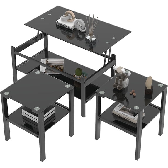 ODUSE-DAILY Black Lift Top Coffee Table Set of 3 Piece, Black Glass Living Room Table Set of 3, Black Glass Coffee Table and End Coffee Table Sets (Black, Set of 3)